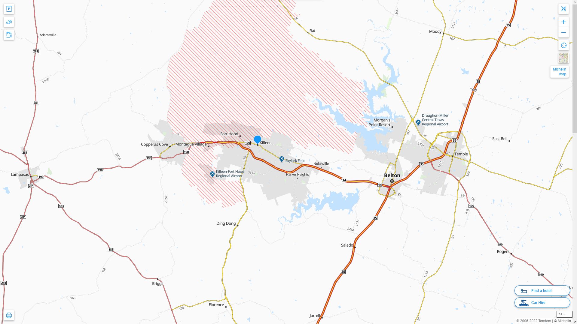 Killeen Texas Highway and Road Map